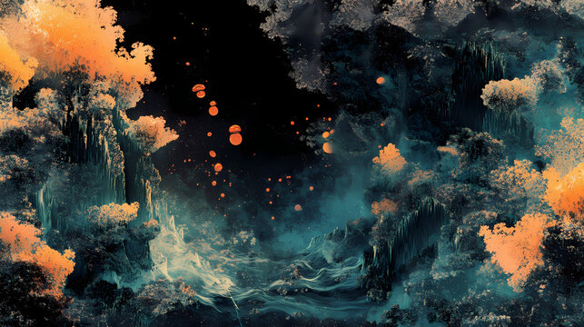 Nordic inspired cosmic landscape for fantasy and adventure generative ai. Auriferous. Illustration
