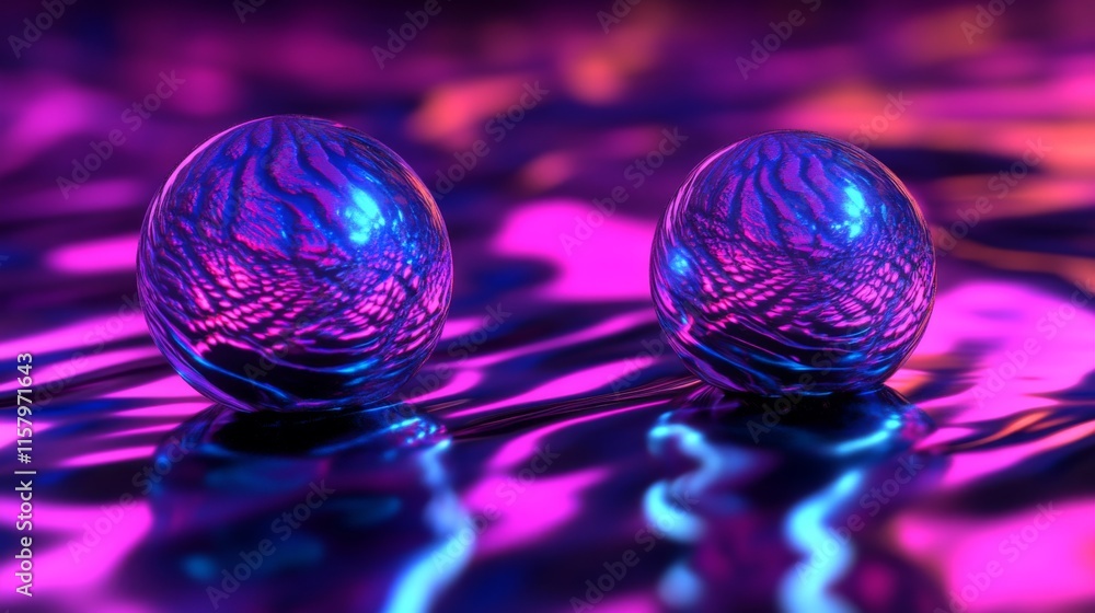 Poster vibrant spheres with intricate patterns reflecting in colorful waves on a luminous surface, creating