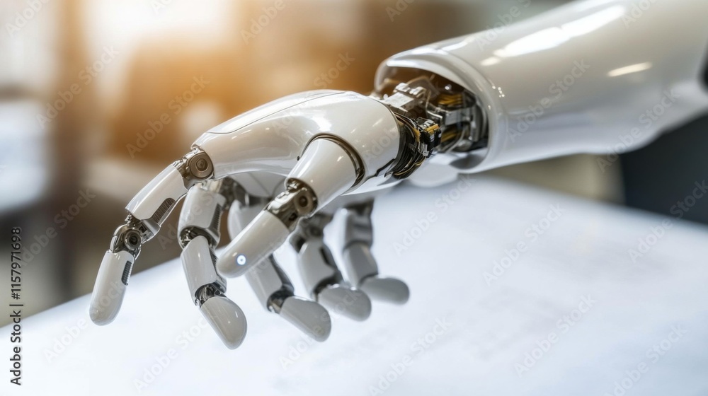 Poster a close-up view of a futuristic robotic hand mechanism showcasing advanced technology in robotics an