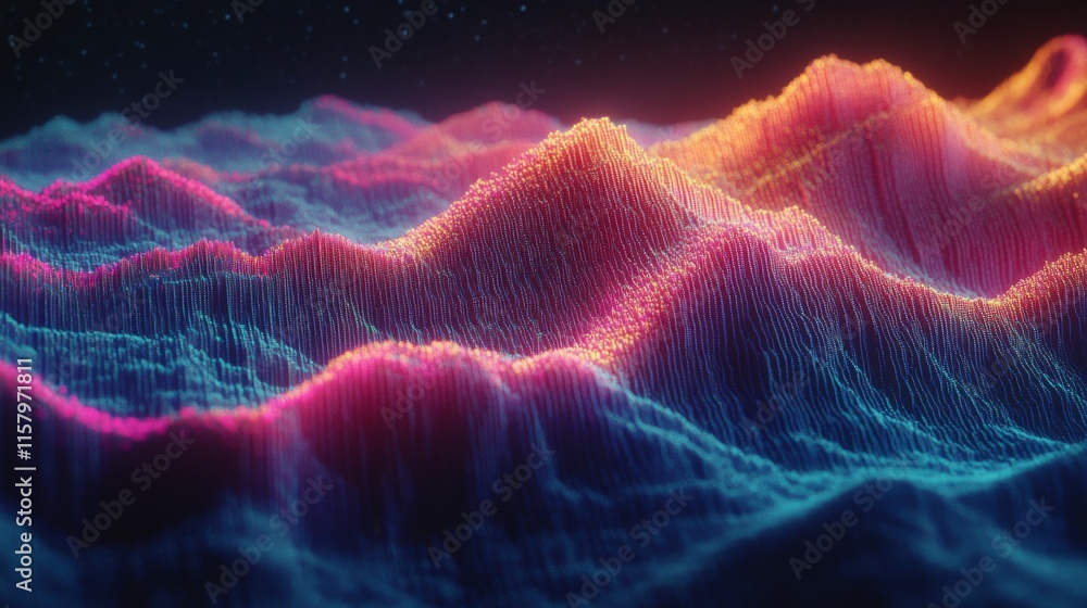 Poster abstract 3d mountain landscape with vibrant colors and illuminated waveforms representing data visua