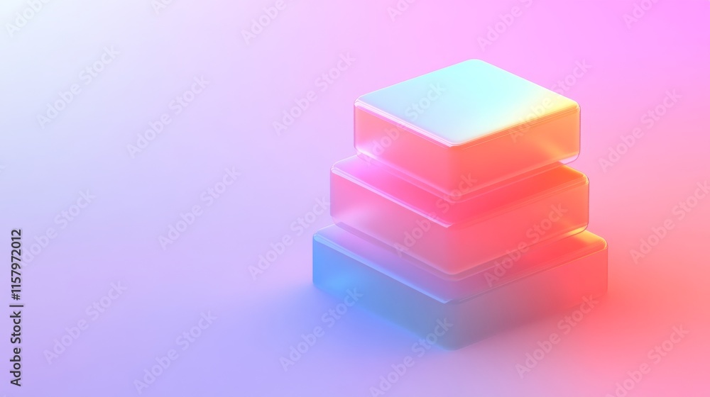 Poster abstract composition of layered transparent shapes with soft glow in gradient colors, creating an et