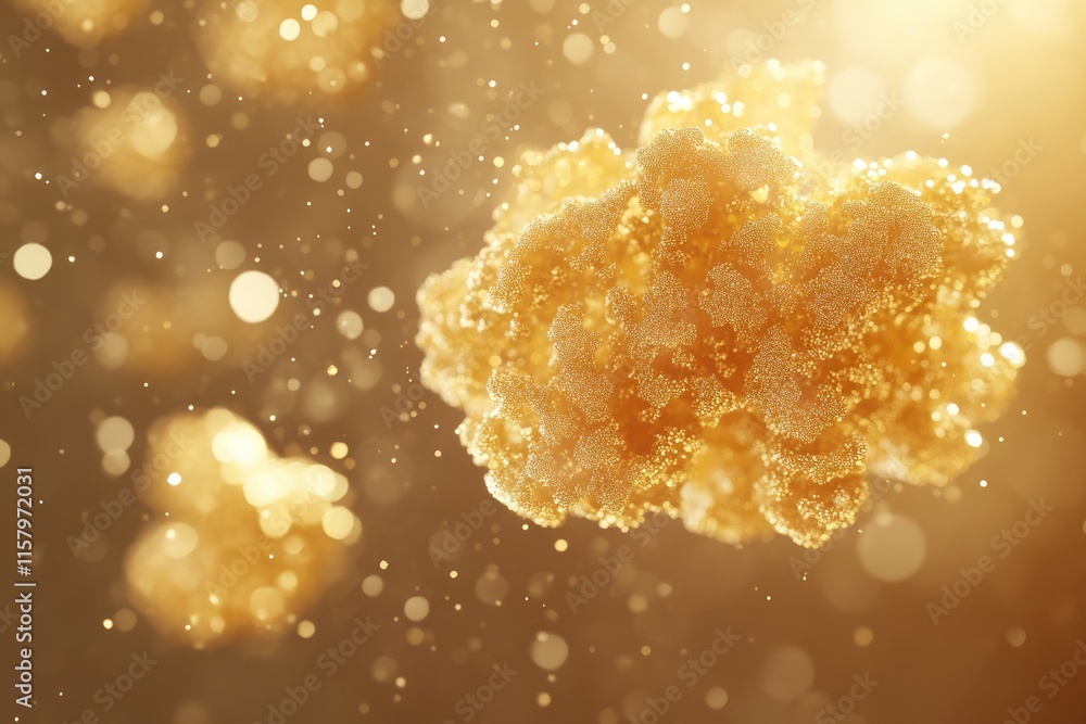 Poster microscopic view of golden particles, possibly representing a protein structure or nano-material.