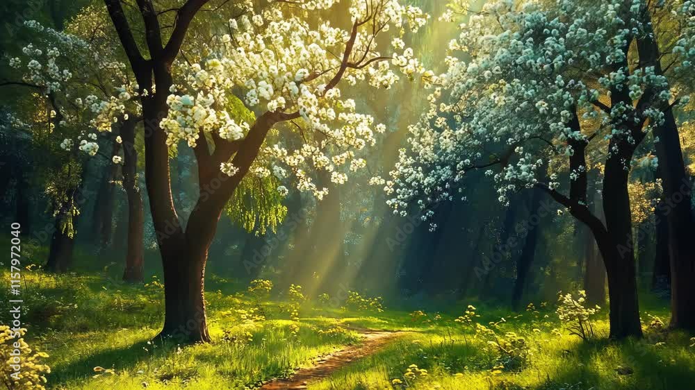 Poster sunlight filters through blooming trees in a serene forest during springtime