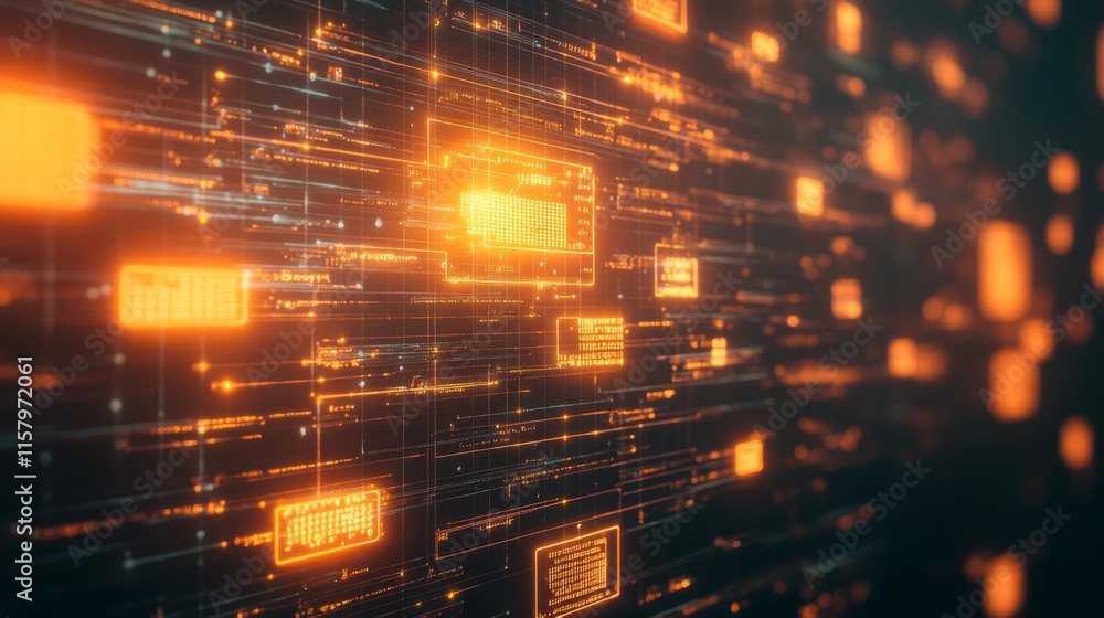 Poster Abstract concept of data flow and information technology with glowing orange elements on a dark background representing digital communication and modern networks.