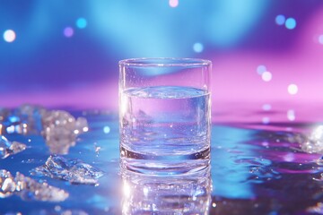 A glass of water on a reflective surface with colorful background.