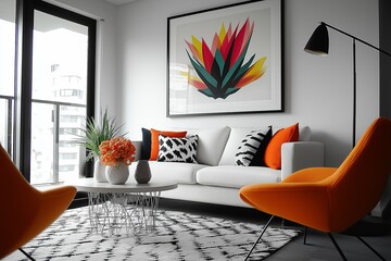 A lively space featuring colorful cushions and bold art.