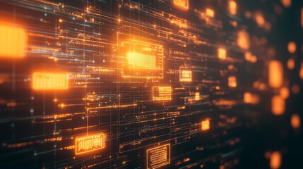 Abstract concept of data flow and information technology with glowing orange elements on a dark background representing digital communication and modern networks.