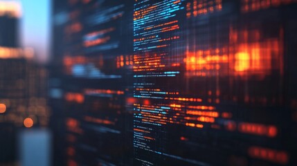 Abstract Data Stream Visualization with Illuminated Lines and Patterns Reflecting Digital Information in a Modern Urban Environment at Dusk