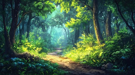 A Sunlit Path Through a Lush Forest