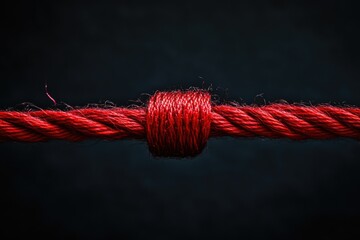 A close-up shot of a red rope tightly knotted against a dark background.