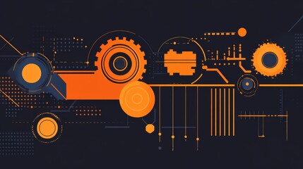 Abstract Digital Background with Geometric Shapes, Circles, and Gears in Orange, Blue, and Black for Technology, Innovation, and Modern Design Projects