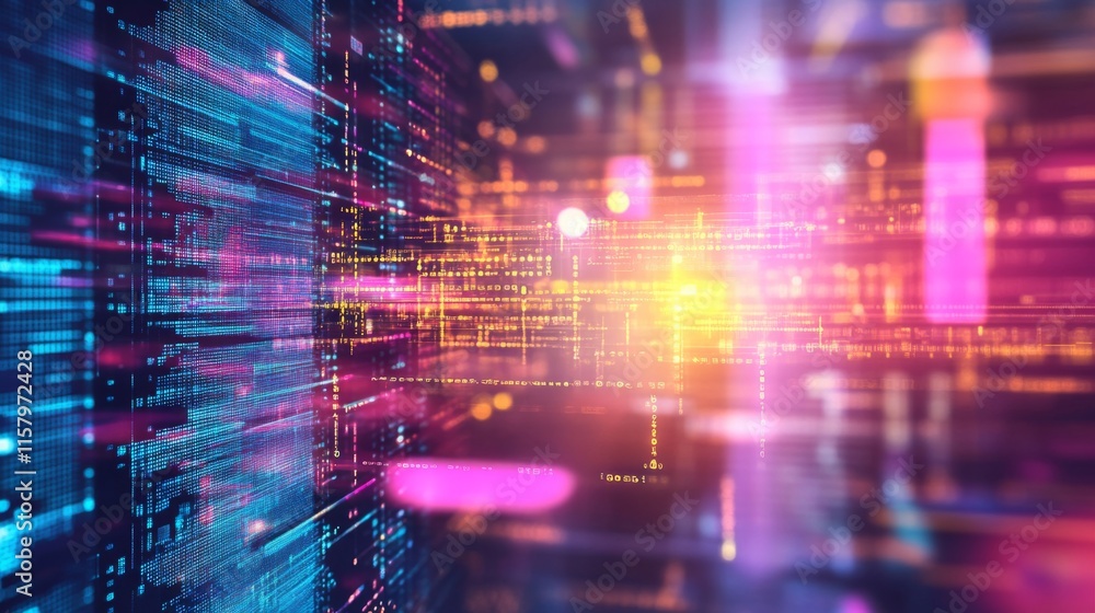 Fototapete abstract digital background with vibrant glowing lines and particles, representing futuristic techno