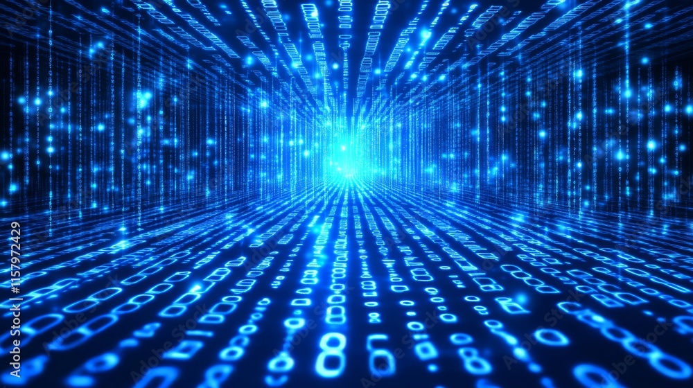 Poster abstract digital background with streams of glowing blue binary code, evoking a sense of technology,