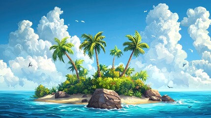 A Tropical Island with Palm Trees and Blue Sky