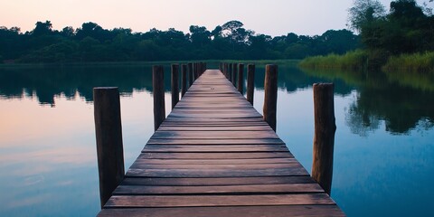 A rustic wooden pier extends over a calm lake at dusk.