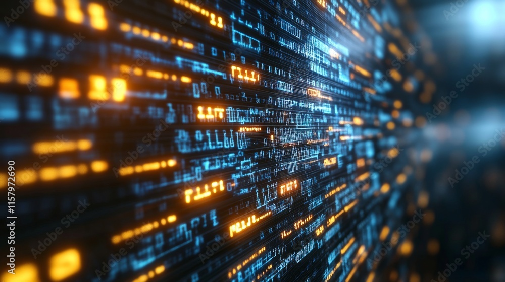 Poster abstract digital data stream with bright blue and orange light effects, representing technology and 