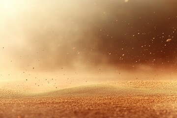 Obraz premium Golden dust particles rise and swirl in a hazy, sunlit landscape.