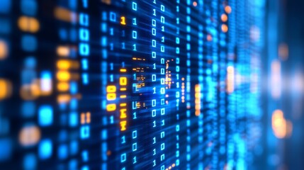 Abstract Digital Data Stream with Glowing Blue and Orange Binary Code Representing Technology, Cybersecurity, and Data Processing in a Futuristic Environment