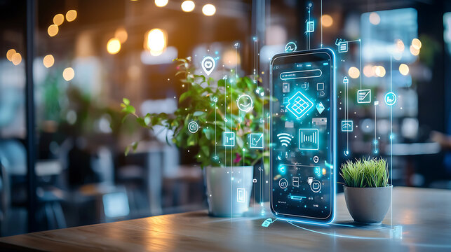 digital wallet app displayed on smartphone with transaction icons, showcasing modern technology in cozy cafe setting