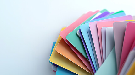 Colorful stack of credit cards arranged in fan shape, showcasing various hues and shades