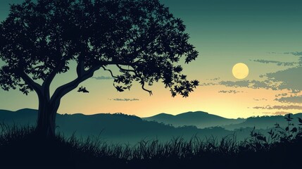 Fototapeta premium A Silhouetted Tree Stands Tall Against a Sunset Sky with a Full Moon and Mountains in the Distance