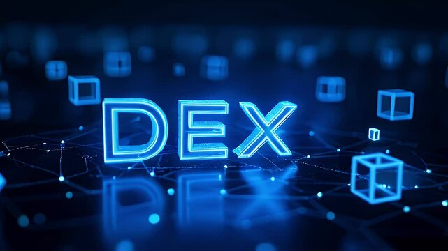 A glowing blue 3D text "DEX" on a digital network background, symbolizing technology.