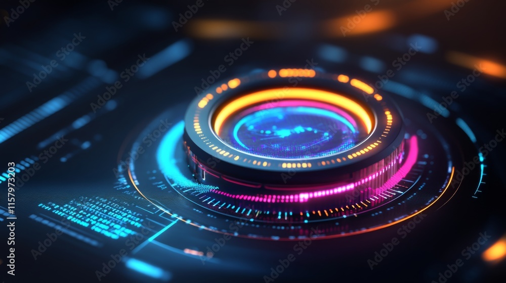 Poster abstract futuristic user interface with vibrant glowing rings, technological elements, and colorful 