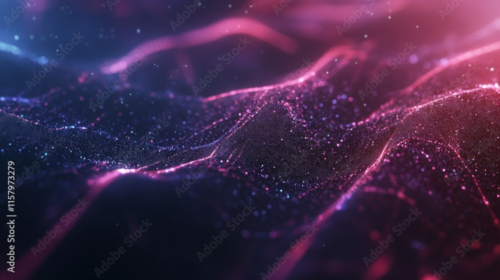 Poster abstract glowing waves of light in vibrant pink and blue colors, creating a mesmerizing digital back