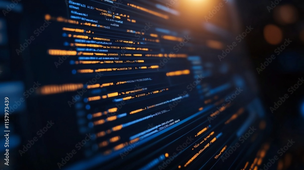 Poster abstract representation of code lines on a digital screen with glowing orange lines in a dark backgr