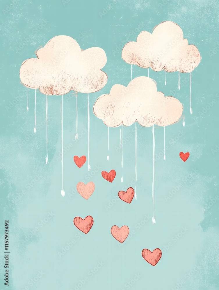 Poster whimsical hand drawn valentines day design featuring clouds and falling hearts perfect for heartfelt