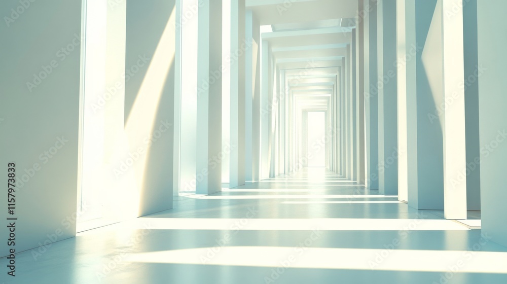 Poster bright and spacious hallway with light streaming through columns and walls, creating a sense of infi