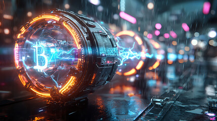 futuristic Bitcoin symbol glowing with electric energy in rainy urban setting, showcasing advanced technology and vibrant colors