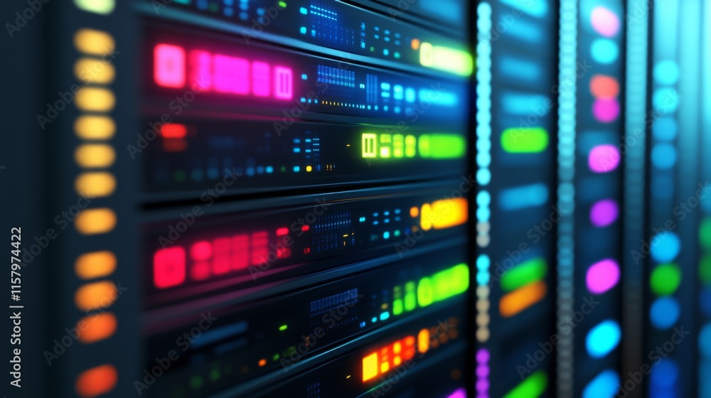 Poster colorful led lights displayed on server rack in data center signifying advanced technology, internet