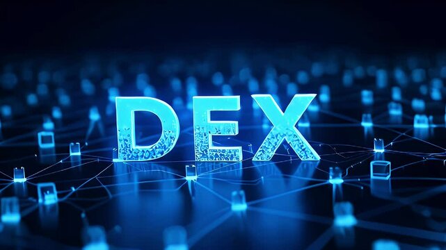 A glowing 3D representation of "DEX" with a digital network background.