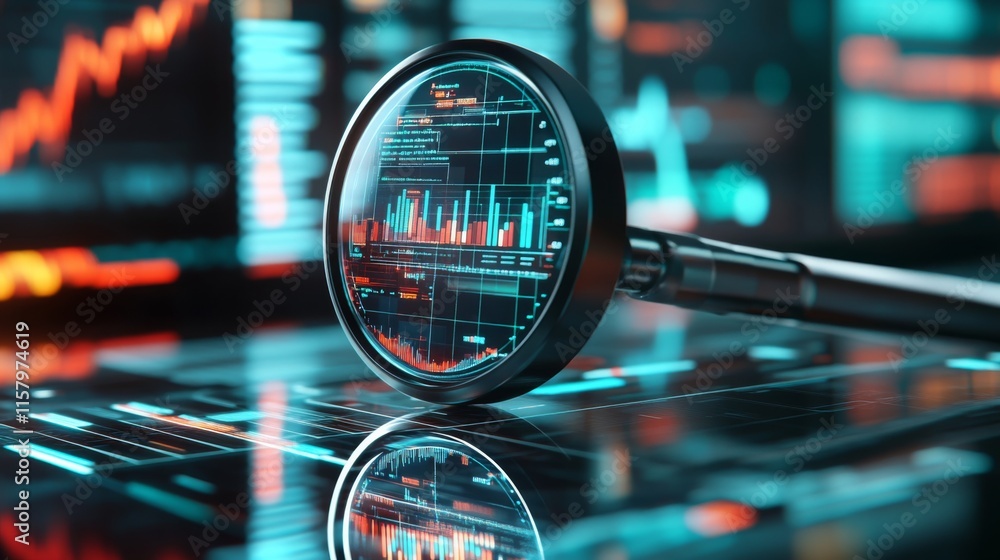 Poster detailed analysis of financial data through a magnifying glass with digital graphs and charts in bac
