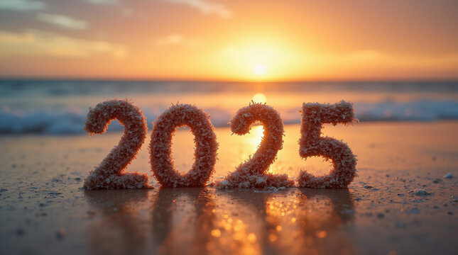 2025, writen with sand, happy new year banner