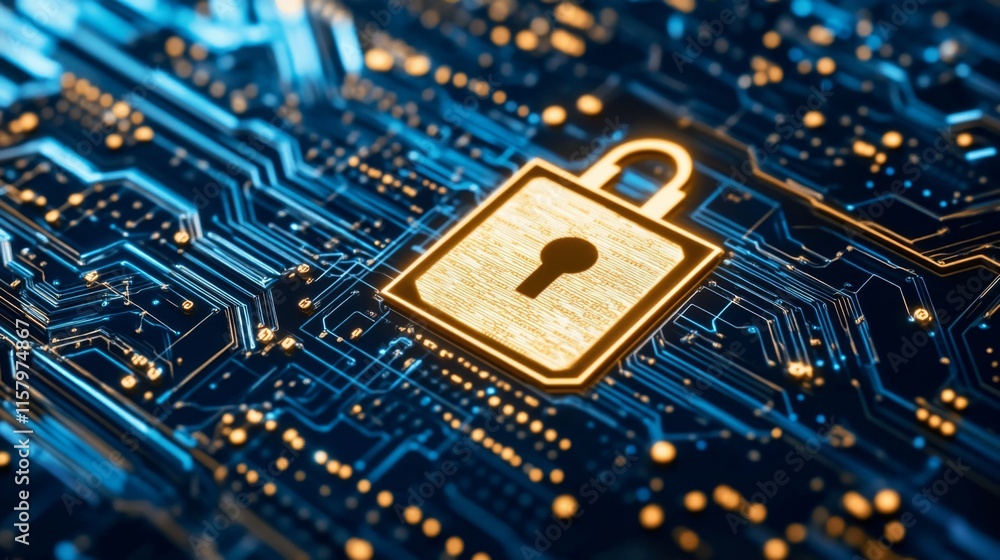 Poster digital security concept featuring a gold lock on a circuit board background representing data prote