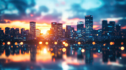 Stunning urban skyline at sunset with vibrant reflections and bokeh lights