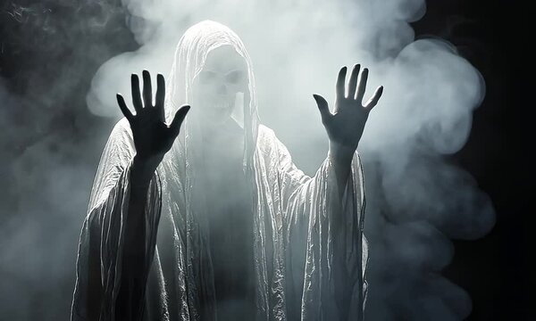 Grim reaper figure in smoky shroud, hands outstretched.