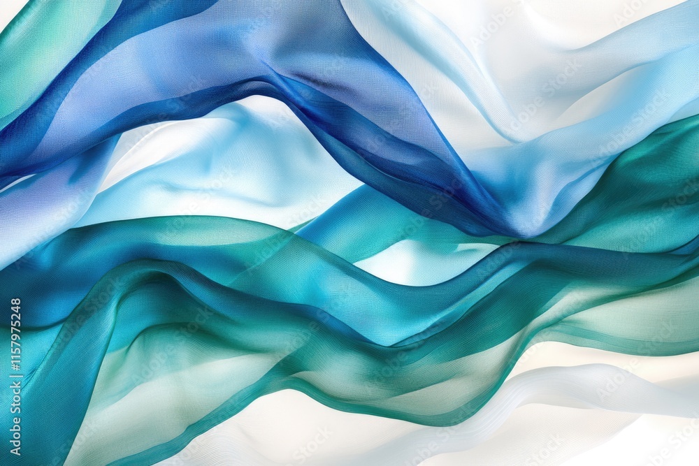 Poster abstract image of flowing teal and blue silk fabric, creating a soft, elegant wave pattern.