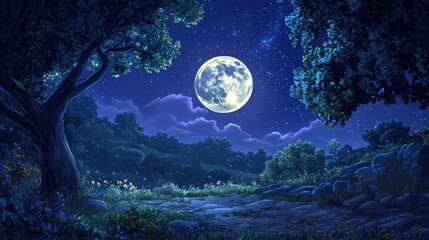 Naklejka premium A Moonlit Forest Path with a Full Moon and Starry Night Sky