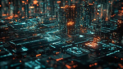 Futuristic Cityscape with Glowing Lights and Digital Patterns Representing Advanced Technology and Urban Development in a Sci-Fi Environment at Night