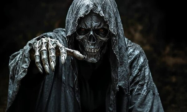 Grim reaper figure with skeletal face, dark hood, and outstretched hand.