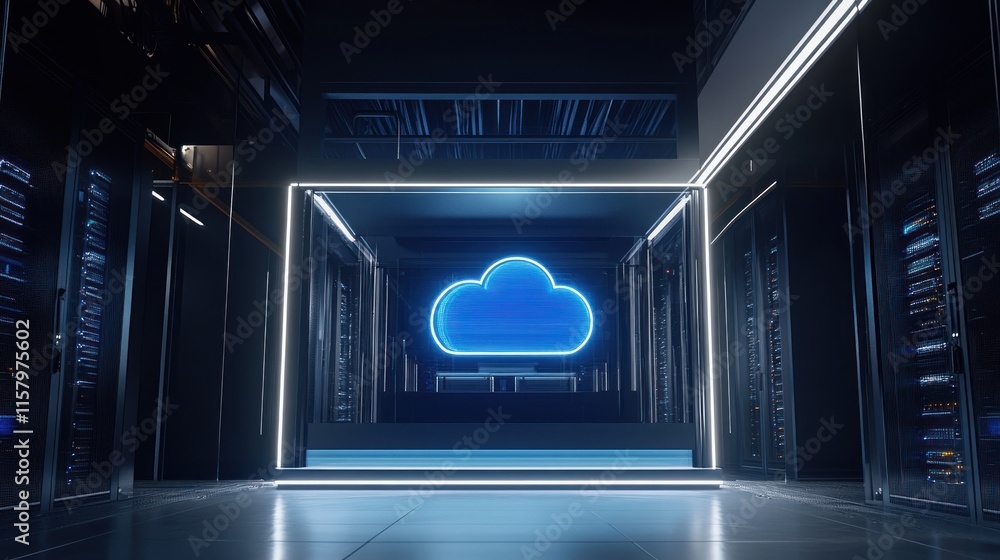 Poster cloud computing data center: futuristic server room with neon cloud symbol
