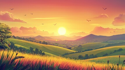 Obraz premium A Golden Sunset Over Rolling Hills and Lush Green Fields