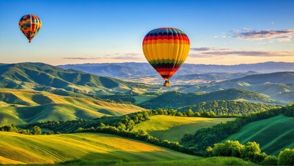 Obraz premium Colorful hot air balloons soaring above lush green hills at sunrise