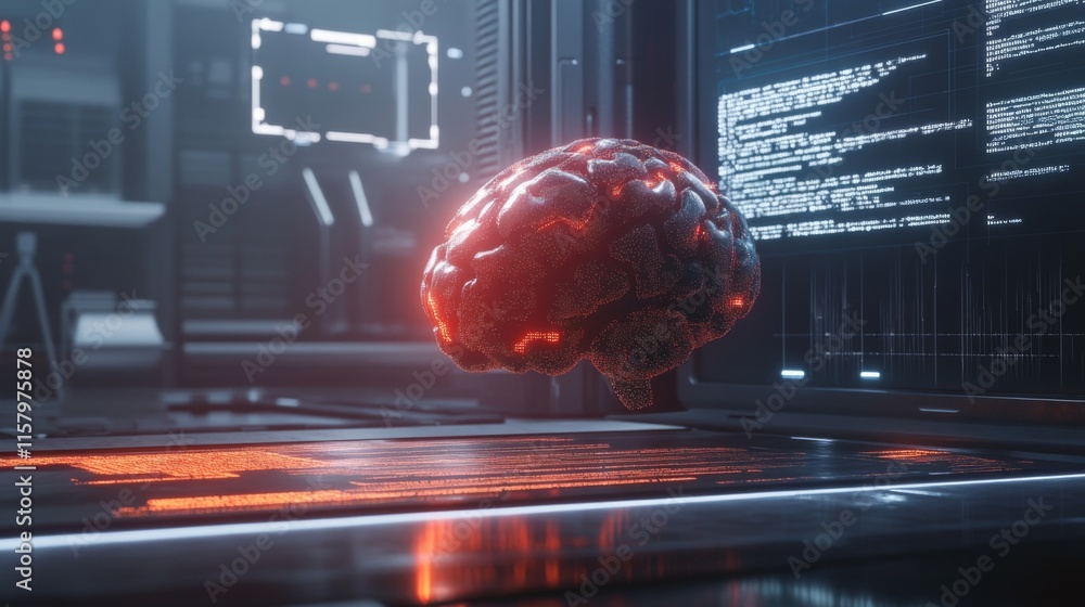 Poster futuristic digital brain concept with red and black color scheme in high-tech environment, represent
