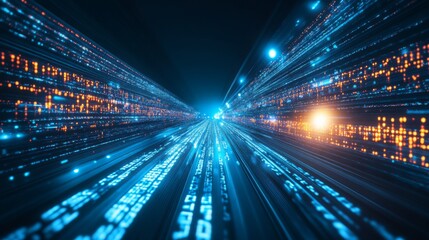 Obraz premium Futuristic Data Stream Flowing Through a Digital Space with Glowing Particles and Lines Representing Speed and Connectivity in Technology
