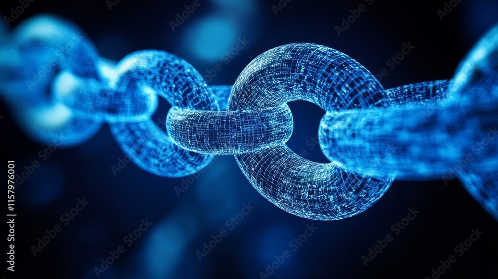 Poster futuristic digital chain link with glowing blue wireframe design against a dark background highlight