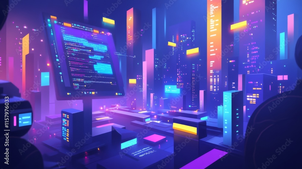 Poster futuristic digital cityscape with neon lights and coding screen illuminating the urban landscape in 